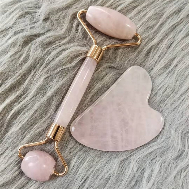 Natural Facial Massager Face Roller Gua Sha Scraper Double Heads Jade Stone Roller Skin Care Rose Quartz Massage for Face Body